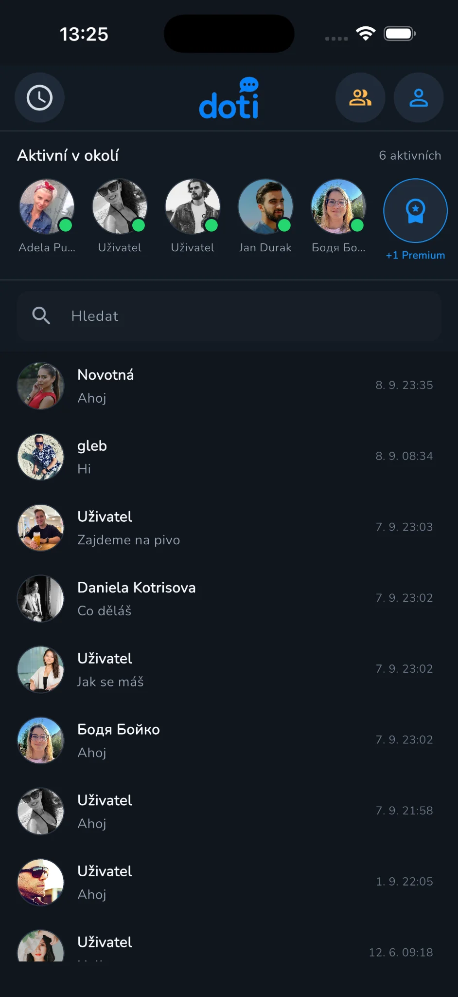 Doti – aktivní lidé v okolí a seznam konverzací