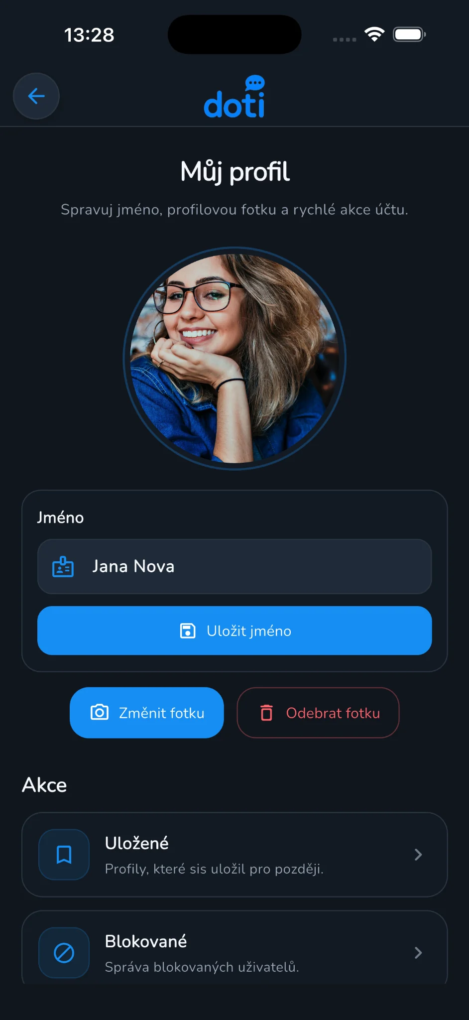 Doti – vlastní profil, uložené a blokované kontakty